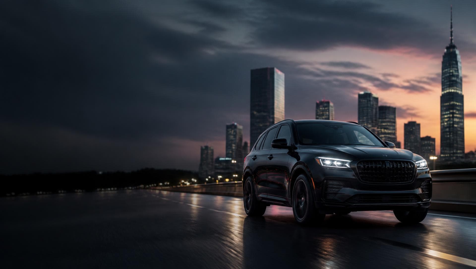 A premium dark SUV on a city road at dusk with a modern skyline behind it