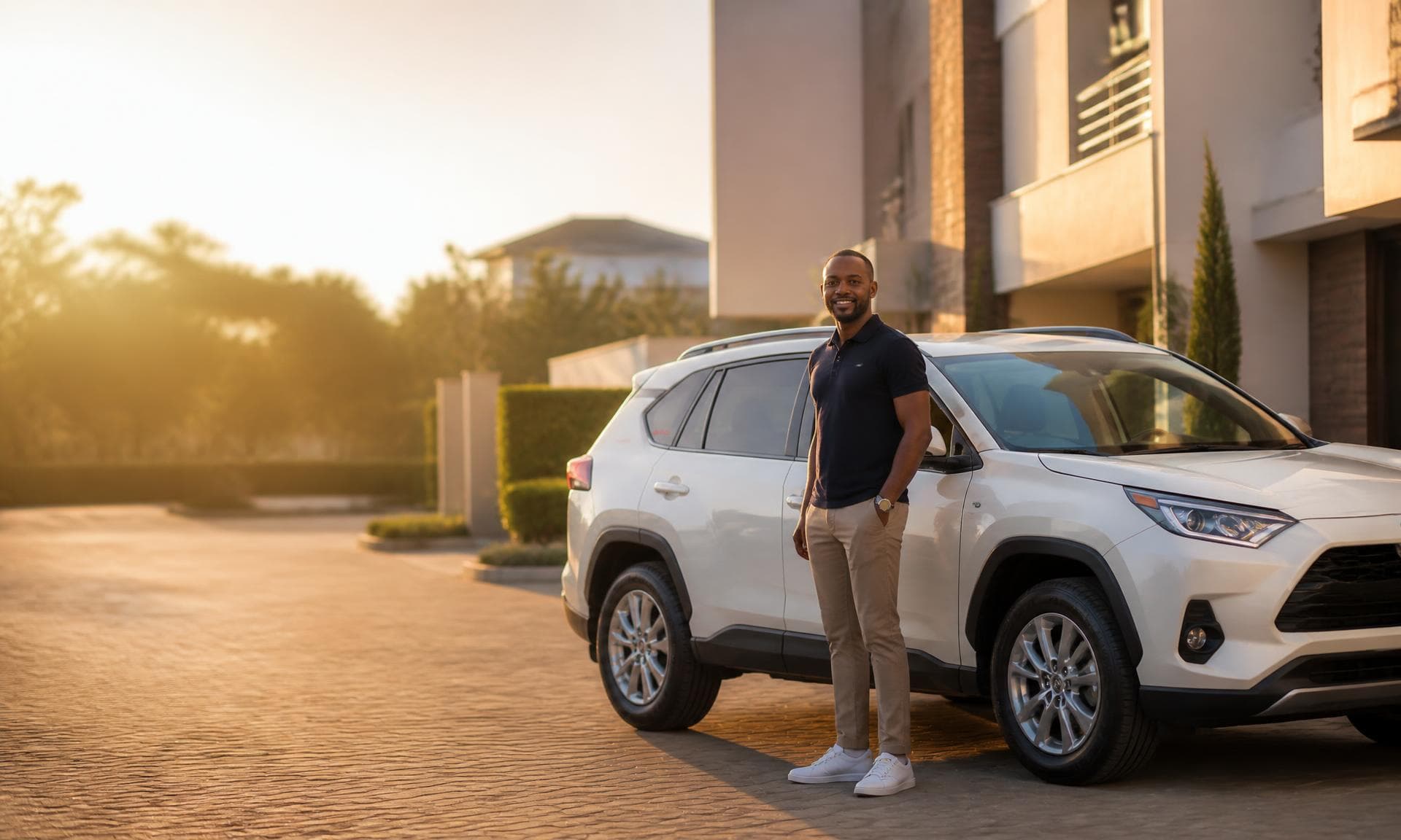 An AutoGo individual host standing beside his white SUV in an upscale Nairobi residential driveway at golden hour