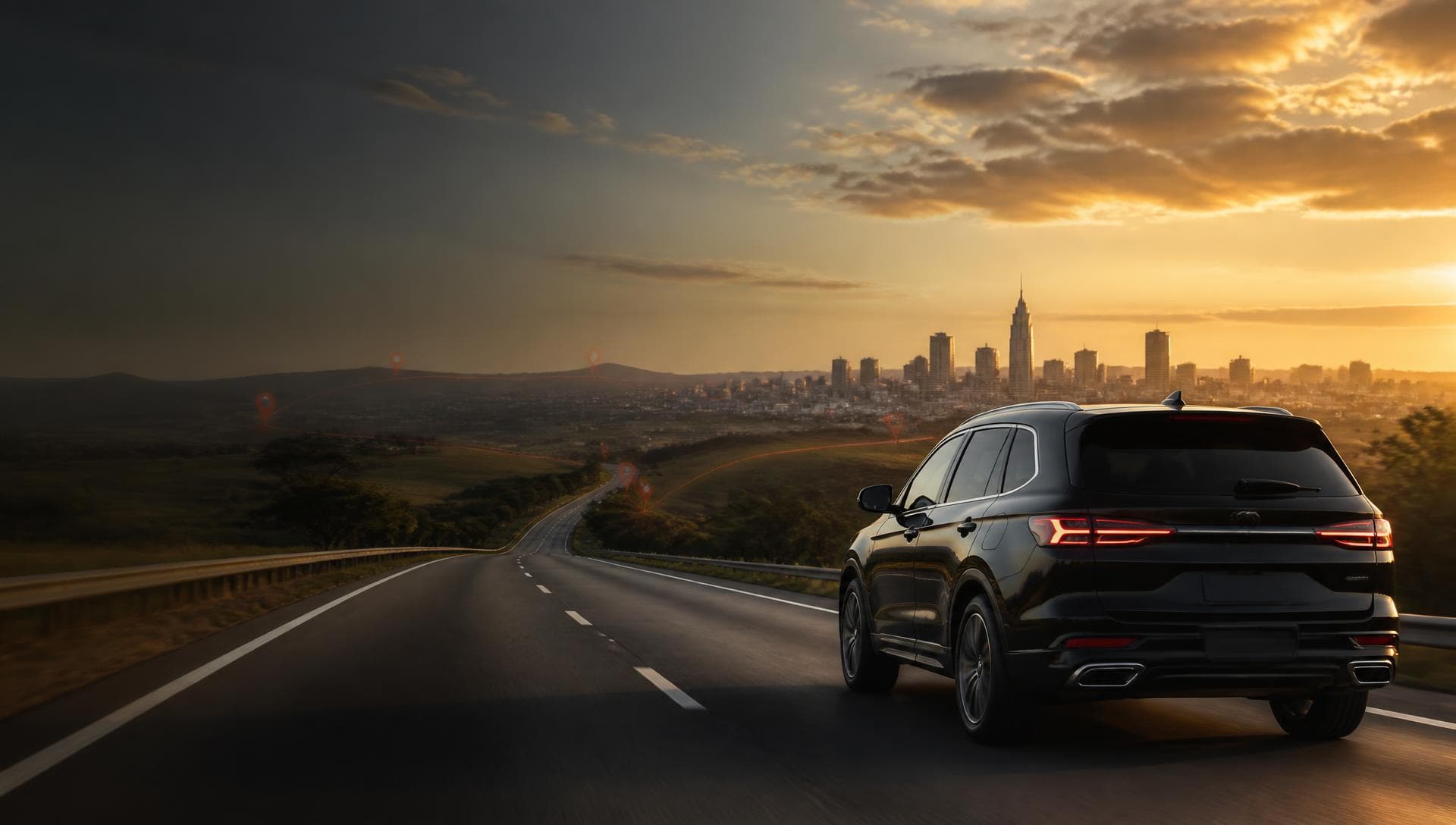 A premium black SUV driving along a Kenyan highway at golden hour toward the Nairobi skyline