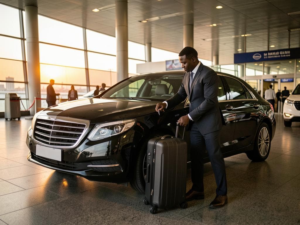 A chauffeur loading luggage into a black luxury sedan at an airport terminal