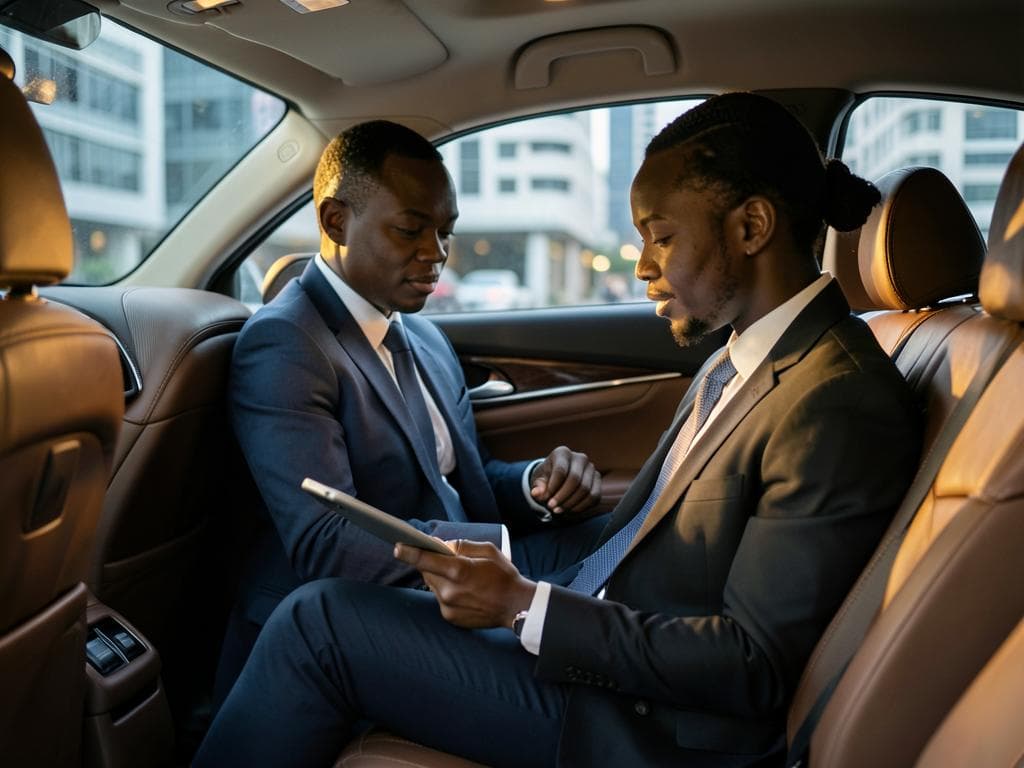 A business passenger working on a tablet in the rear seat of a chauffeured car