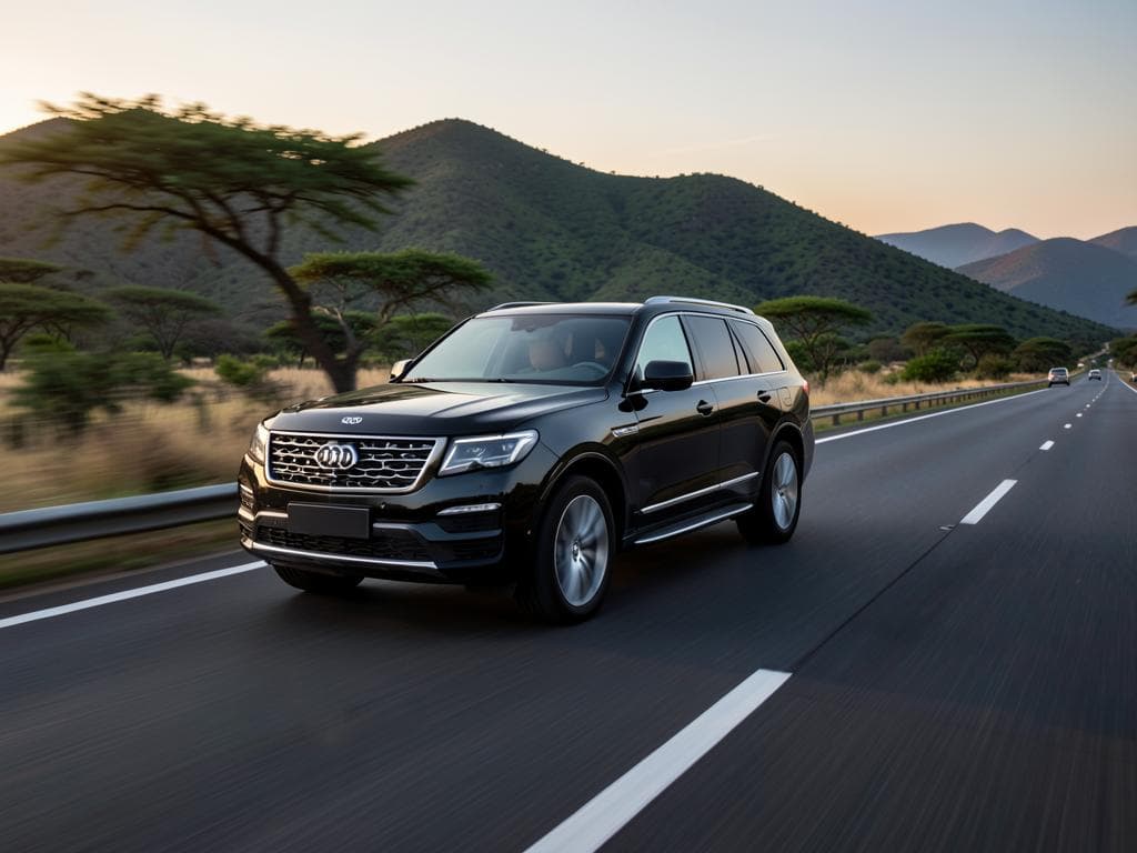 A black luxury SUV travelling along an open Kenyan highway at dusk