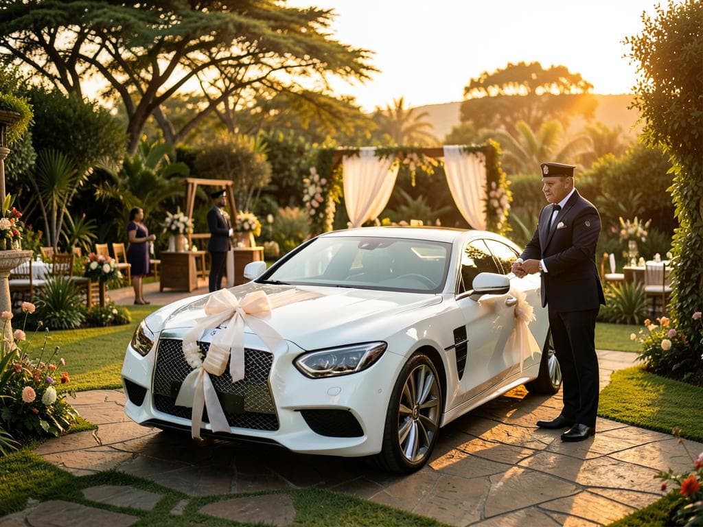 A chauffeur beside a decorated white car at a garden wedding venue