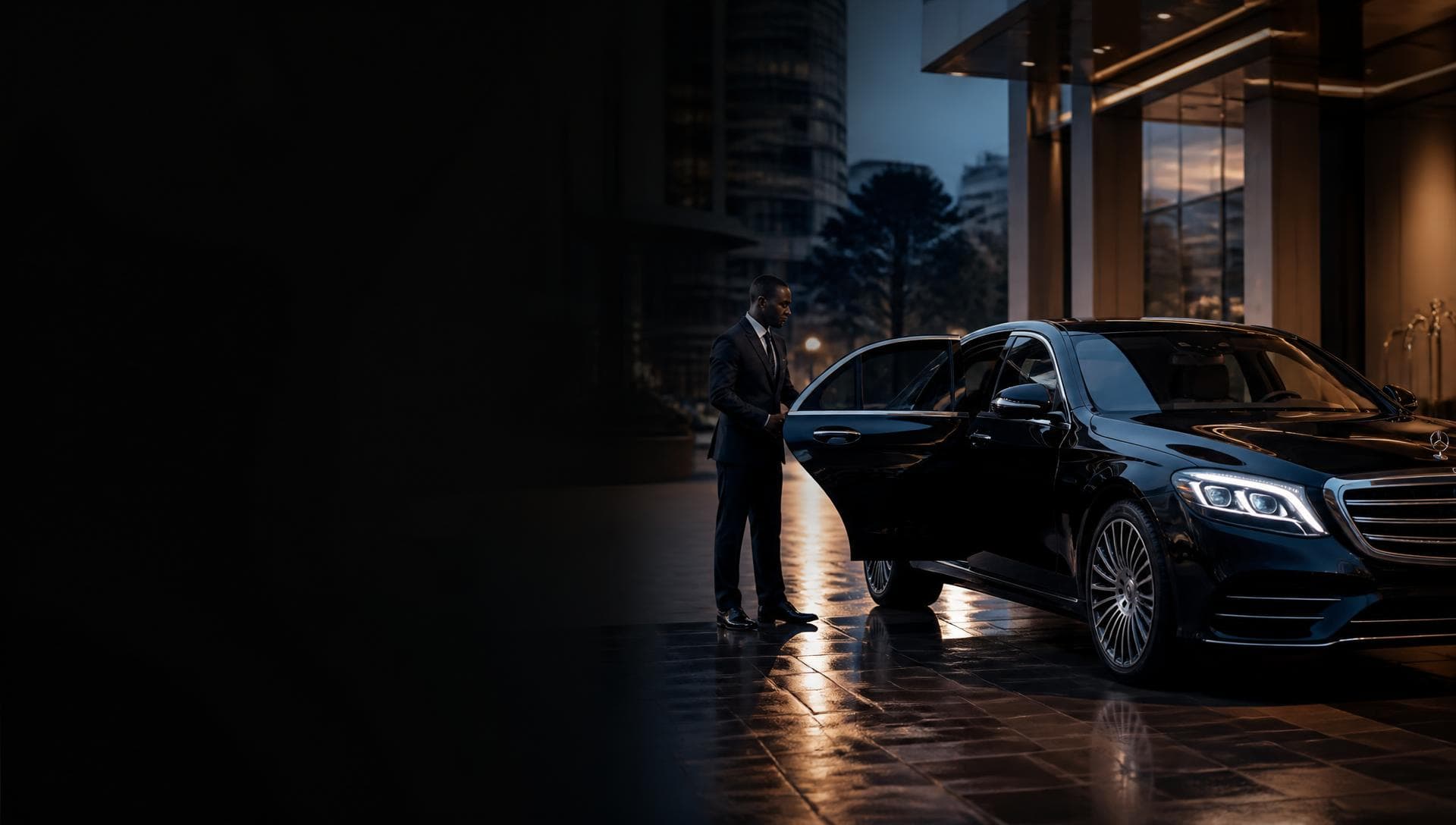 A professional chauffeur in a dark suit holding open the rear door of a black luxury sedan at a premium Nairobi hotel entrance at blue hour