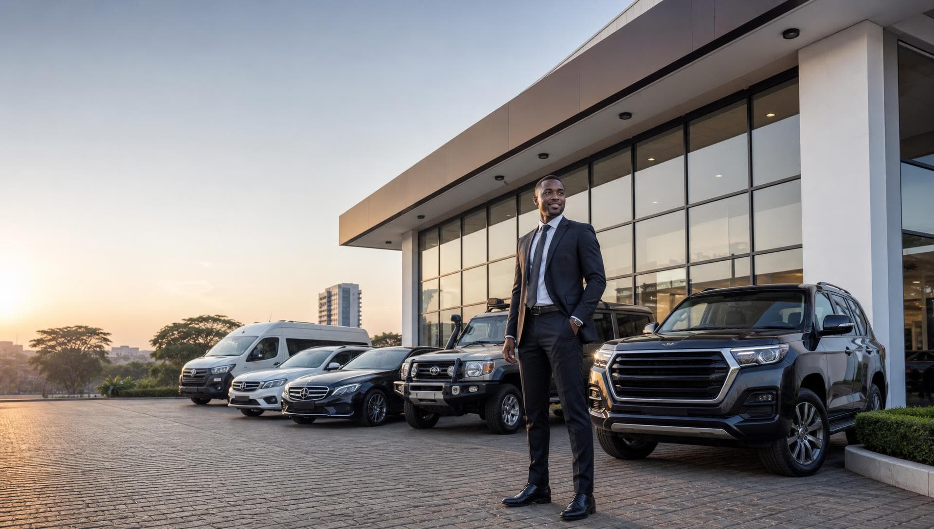 AutoGo franchise partner outside a modern AutoGo branch with premium rental vehicles at sunrise