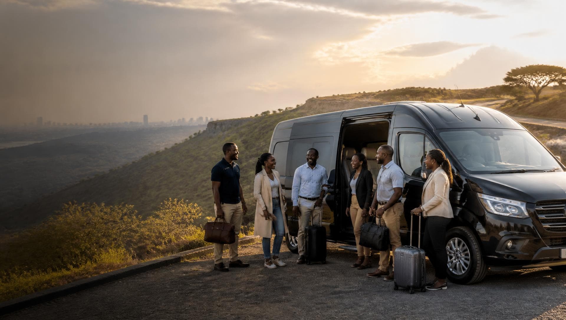Travellers with luggage gathering beside a premium passenger van on a scenic Kenyan road at golden hour