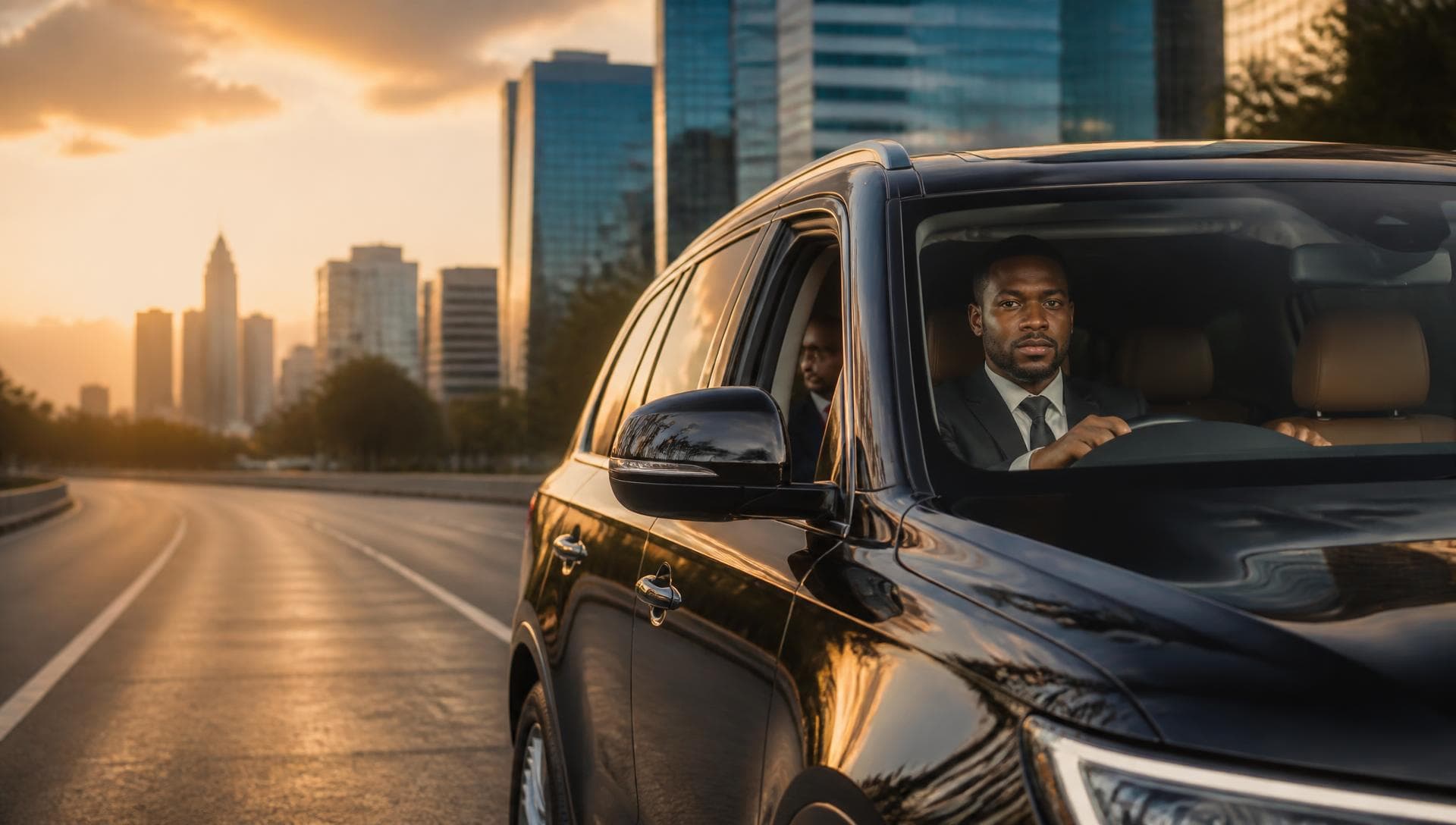 A professional chauffeur in a dark suit driving a black luxury SUV through an upscale Nairobi business district at golden hour, with a passenger relaxing in the rear seat