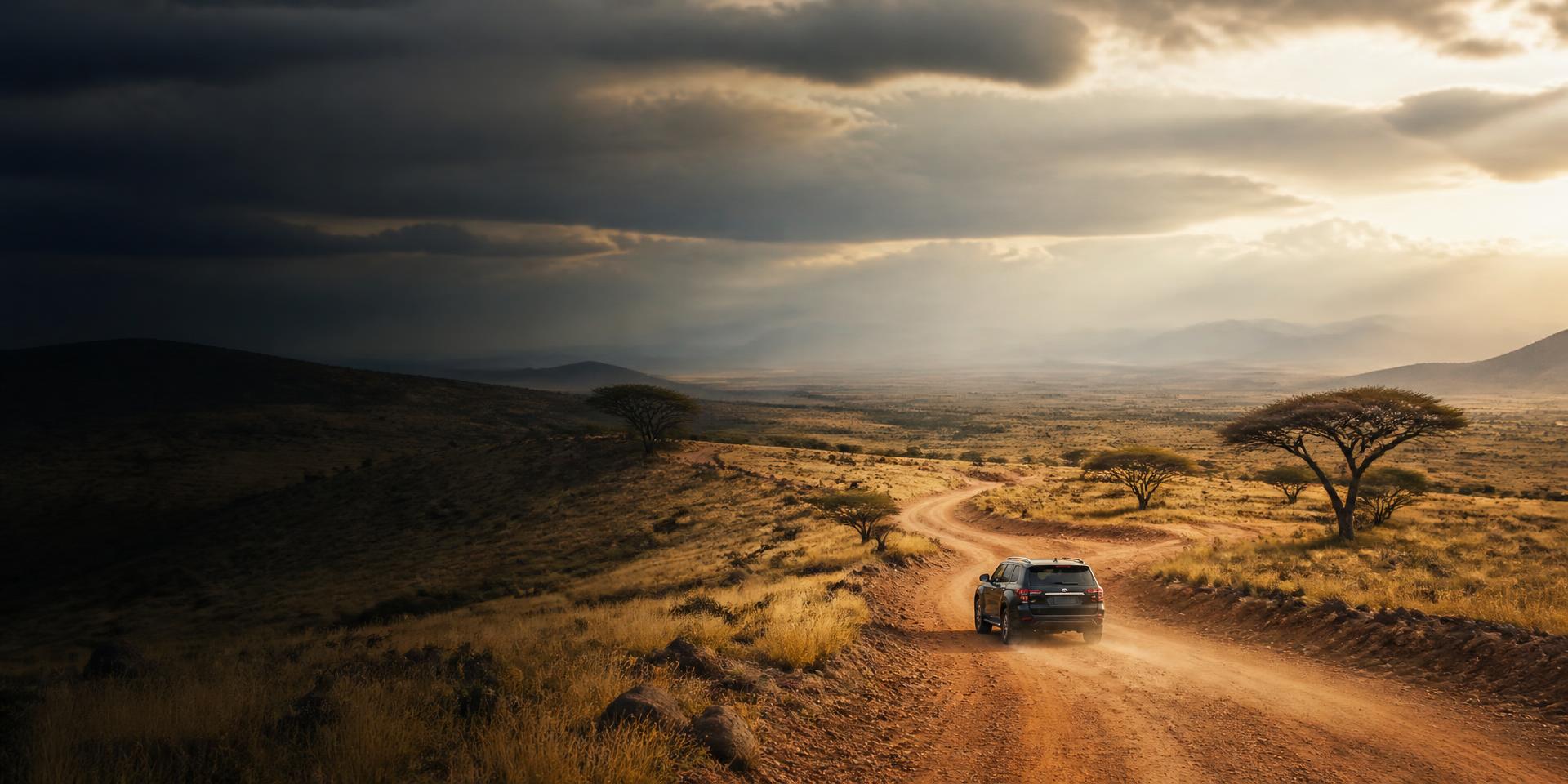A four-wheel-drive vehicle following a winding track into the Kenyan landscape