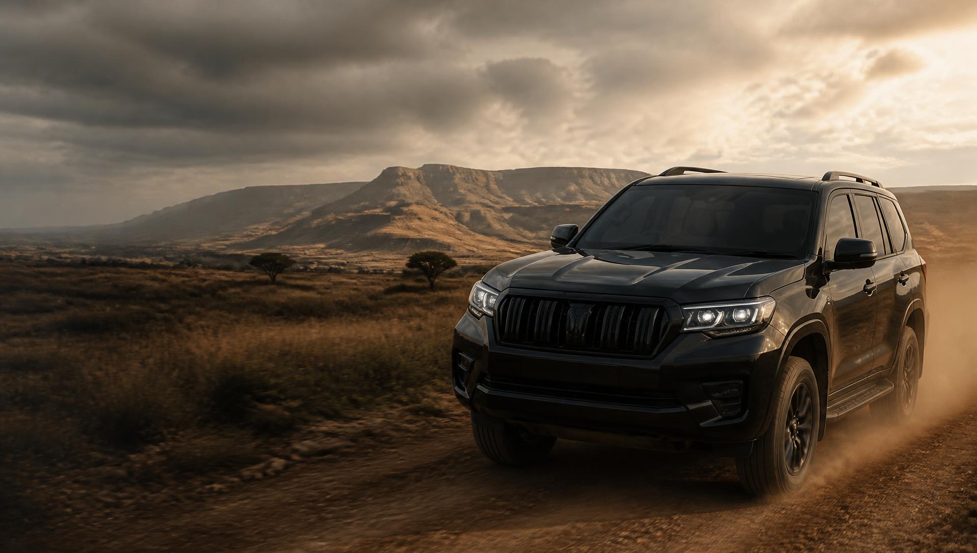 A premium black four-wheel-drive vehicle exploring a rugged Kenyan savannah track