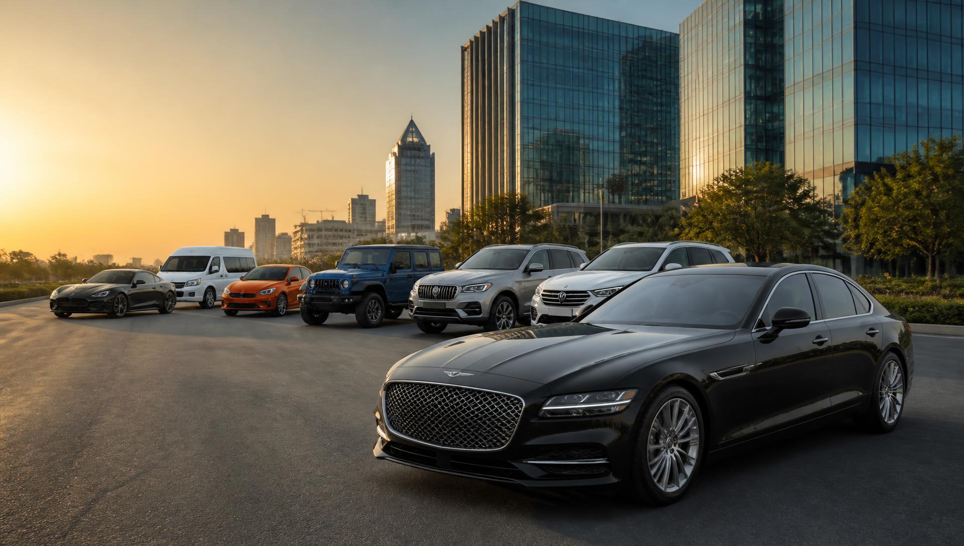 A lineup of different vehicle types — sedan, SUV, 4x4, van, sports coupe and compact car — on a modern Nairobi boulevard at golden hour
