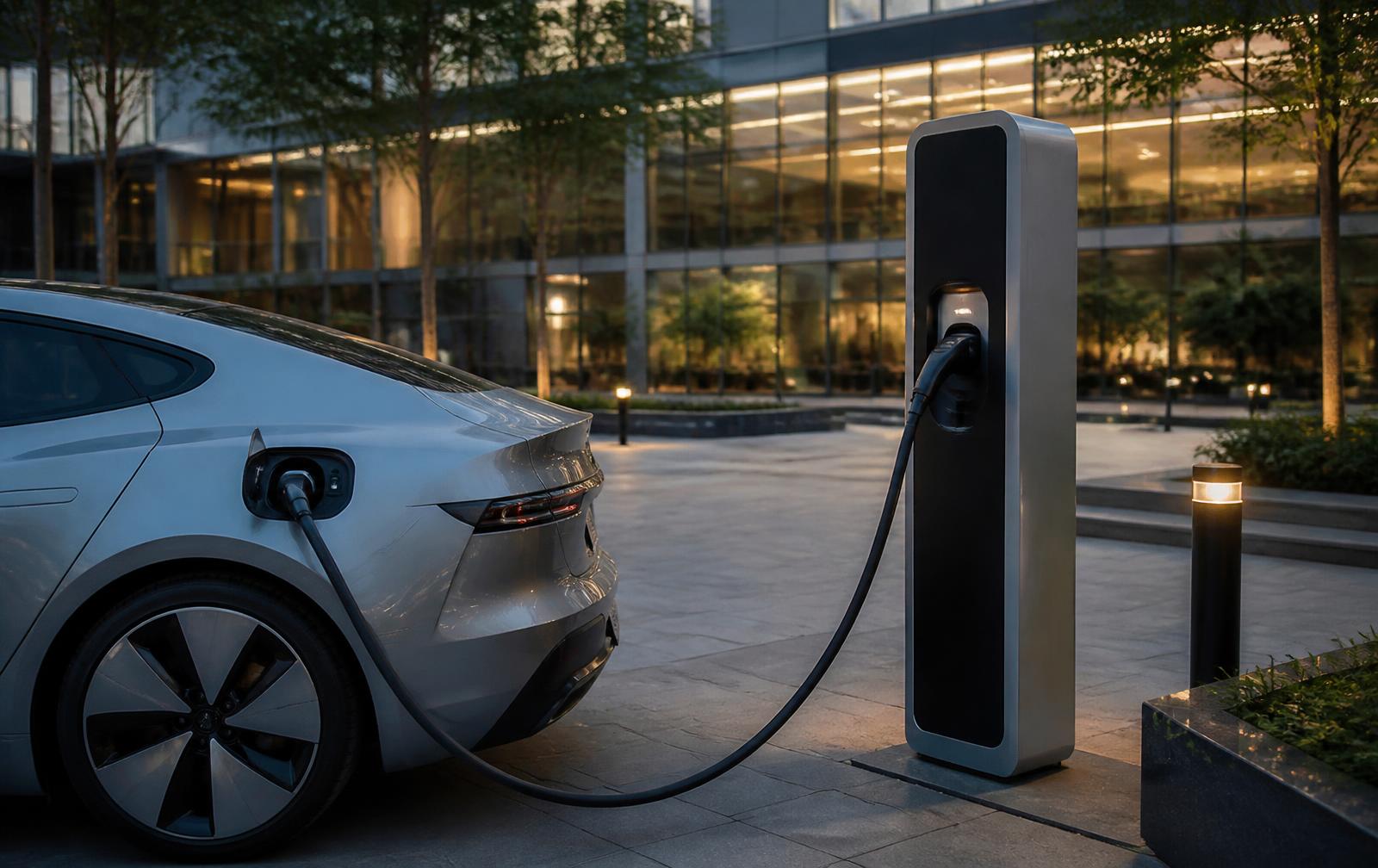 A modern silver electric car connected to a contemporary public charging point in a landscaped Nairobi plaza at dusk