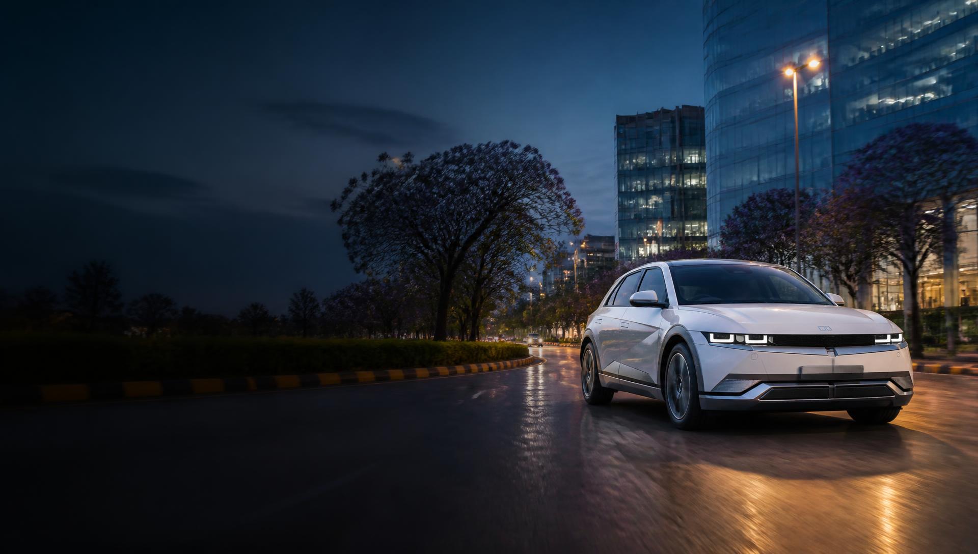 A modern white electric crossover driving along a landscaped Nairobi boulevard at blue hour, with contemporary glass towers and jacaranda trees in the background
