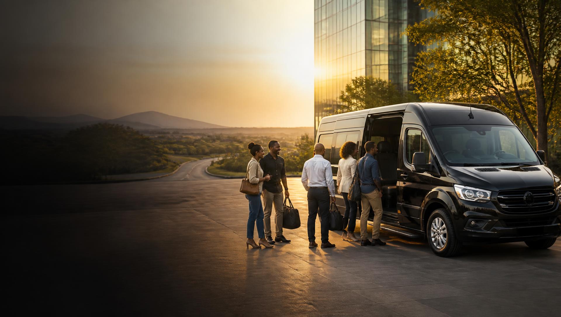 A premium black passenger van waiting at a modern Nairobi plaza at golden hour while a small group of travellers gathers beside it with their bags, a highway curving toward green Kenyan countryside behind them