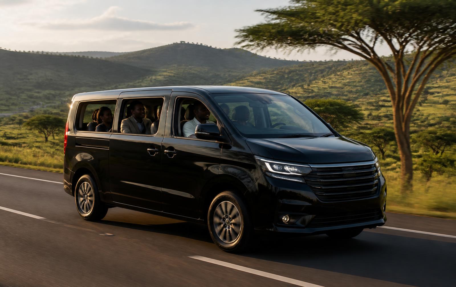 A premium black passenger van travelling along an open Kenyan highway through green countryside, with passengers visible enjoying the journey