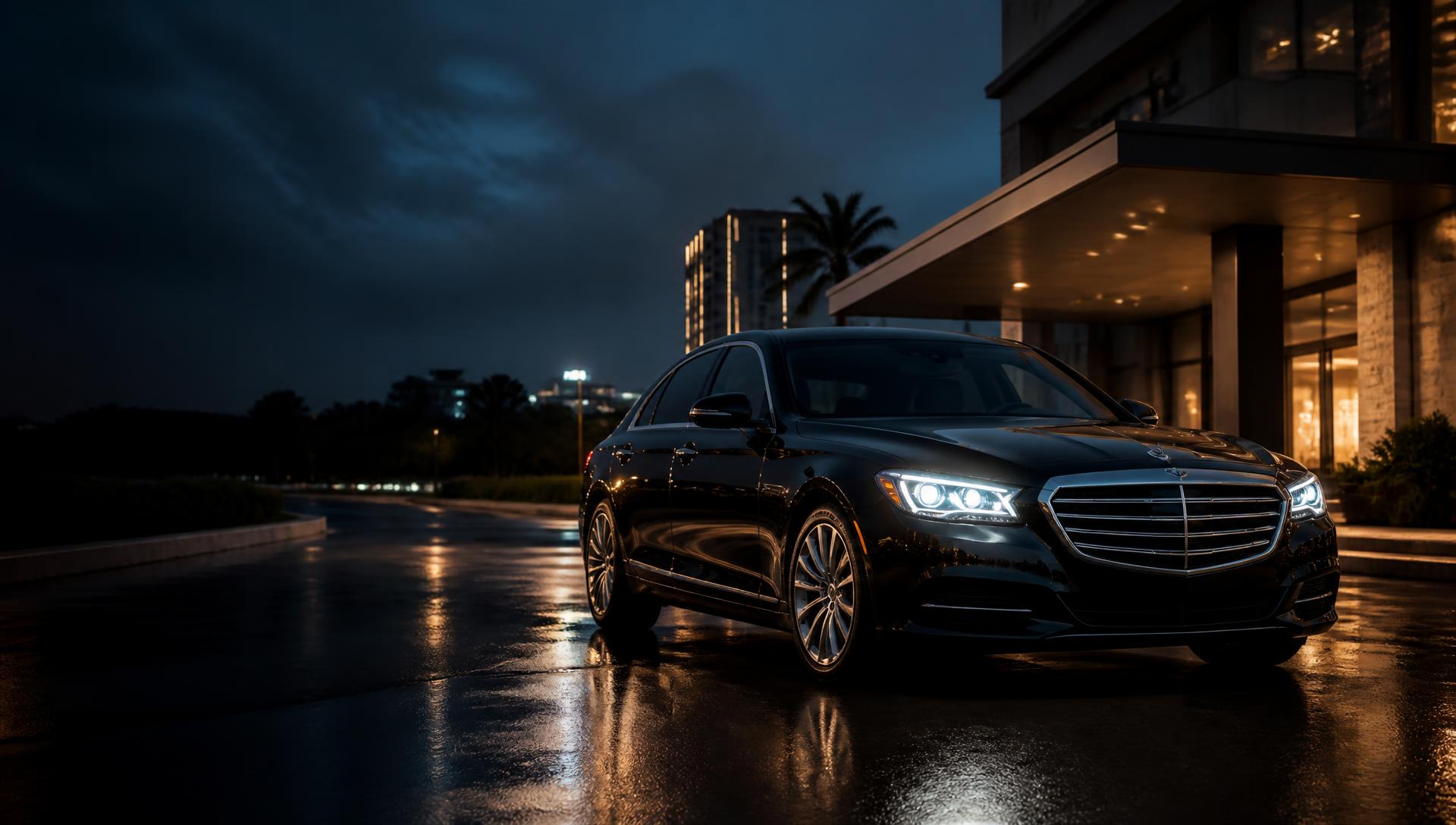 A black luxury sedan with illuminated headlights waiting outside a modern Nairobi hotel entrance at blue hour