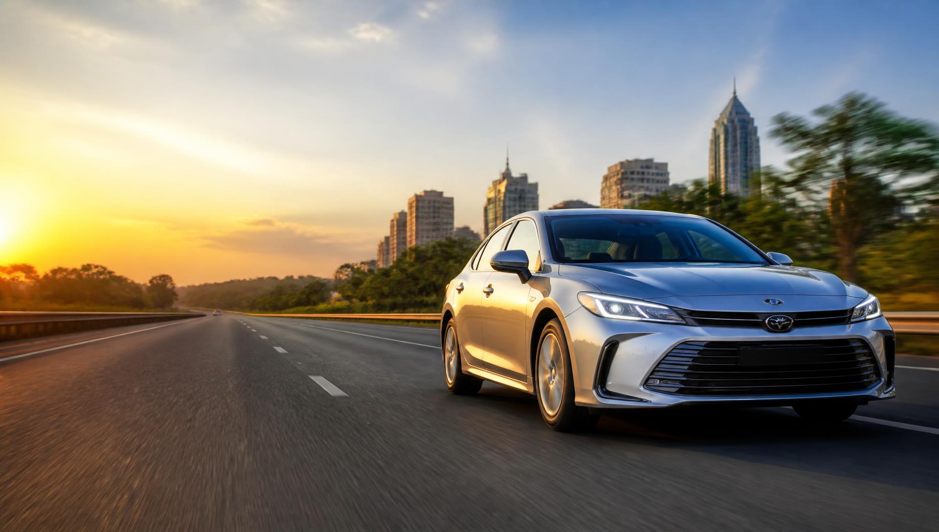 A silver premium sedan driving along a Nairobi boulevard toward an open Kenyan highway at golden hour