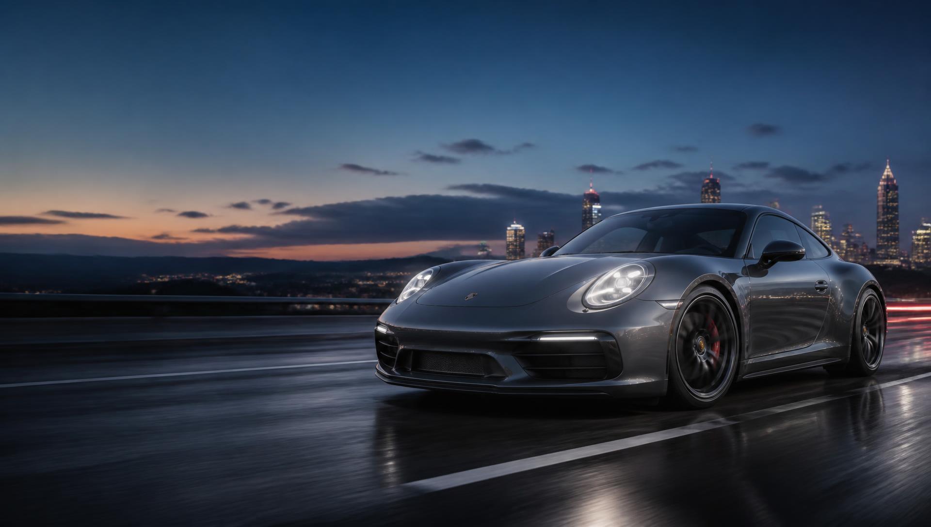 A charcoal-grey performance sports coupe on a wet Nairobi highway at blue hour, city towers glowing in the distance