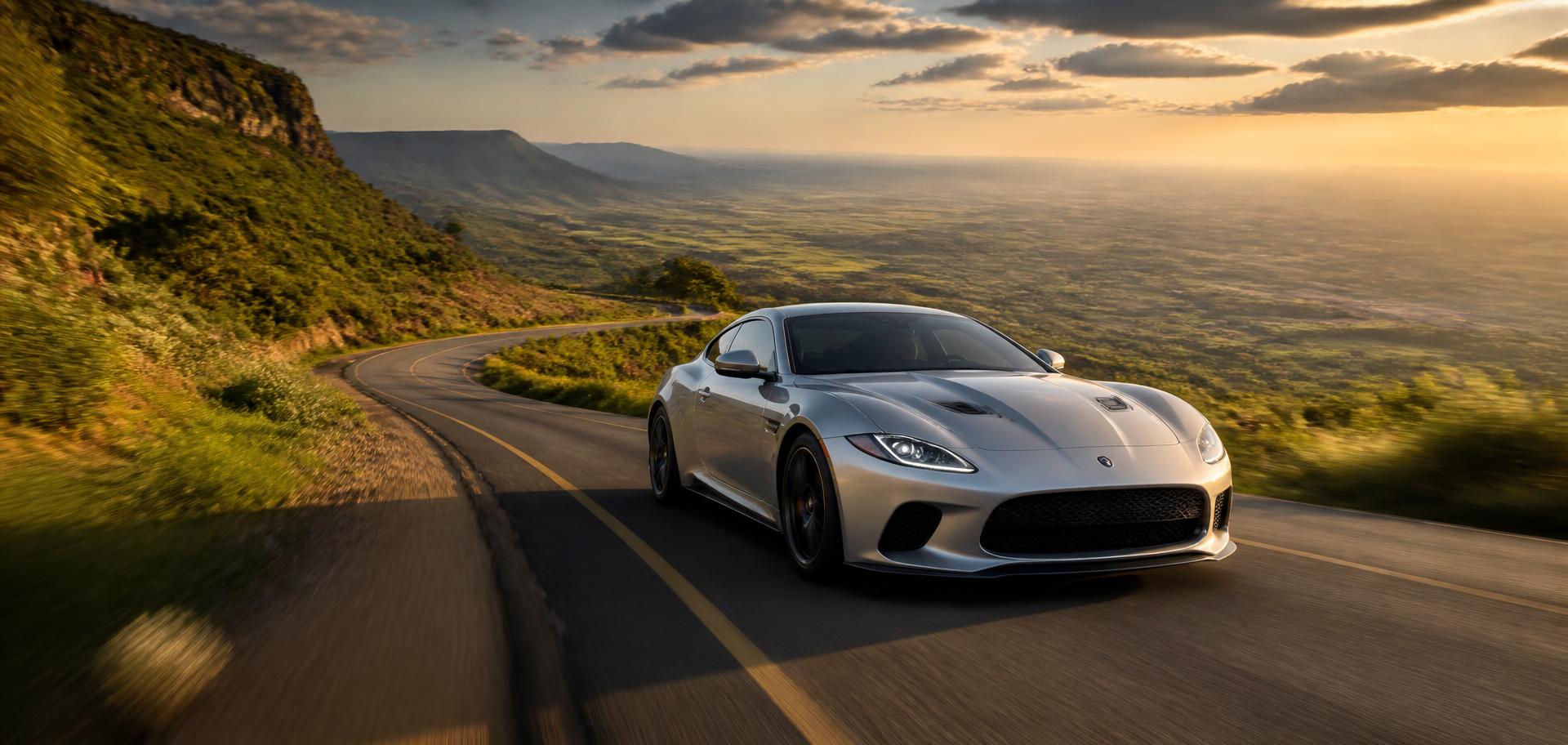 A silver sports coupe driving along a winding Kenyan highland road at golden hour
