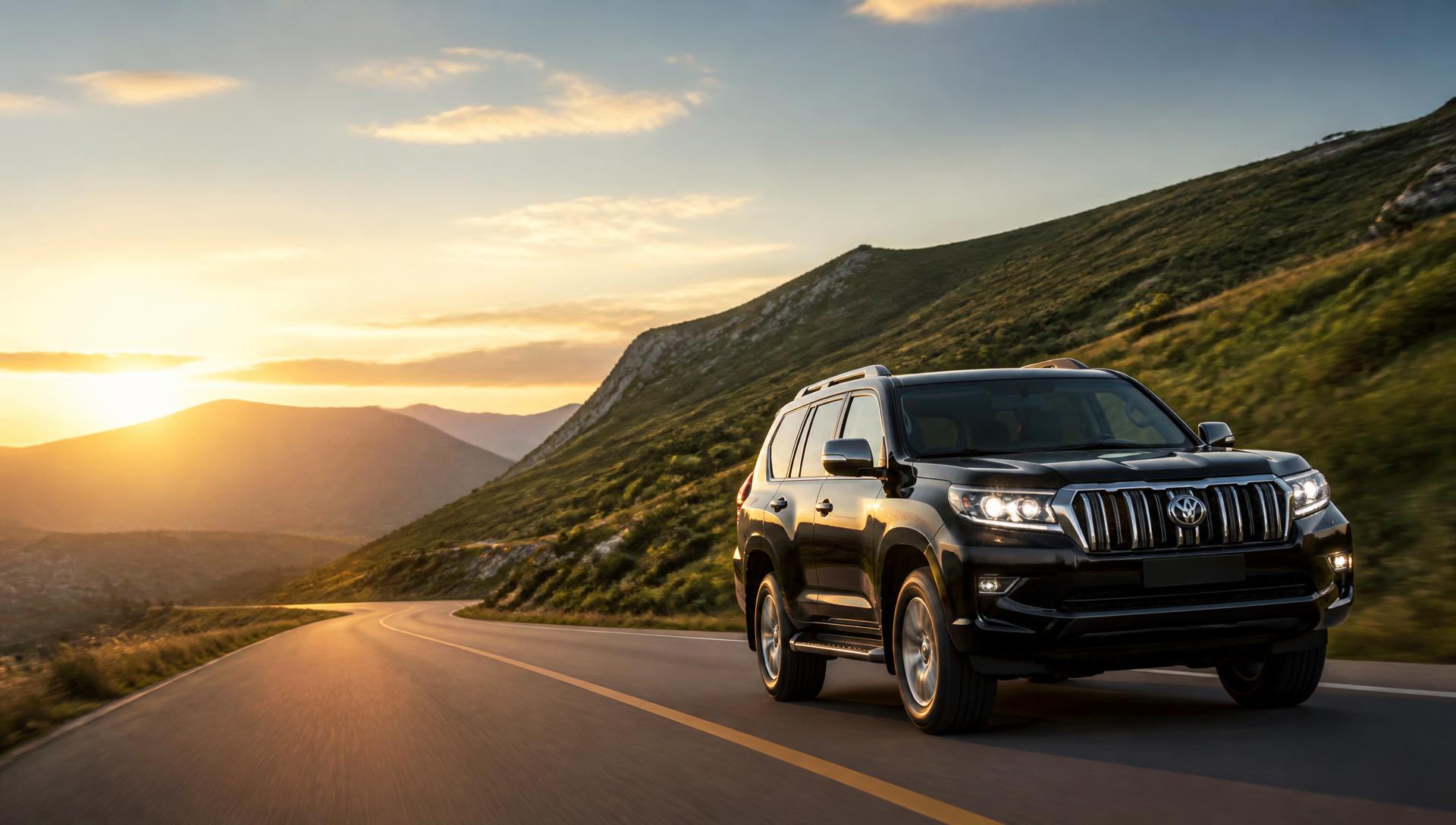 A black premium SUV driving along a paved Kenyan highway through green rolling hills at golden hour