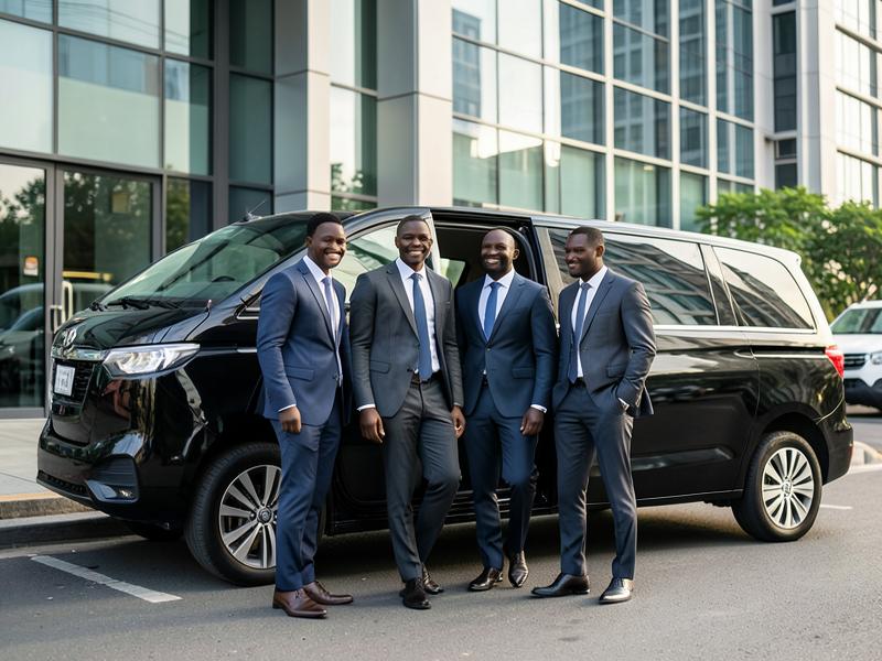 Business colleagues stepping out of an executive van in Nairobi