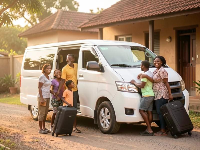 A family loading luggage into a passenger van outside a Nairobi home