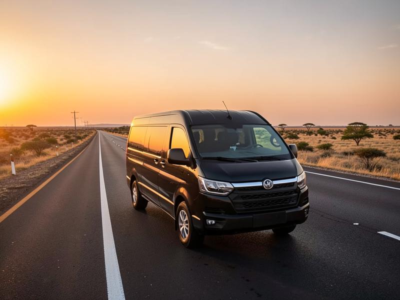 A van on an open highway stretching to the horizon at dusk