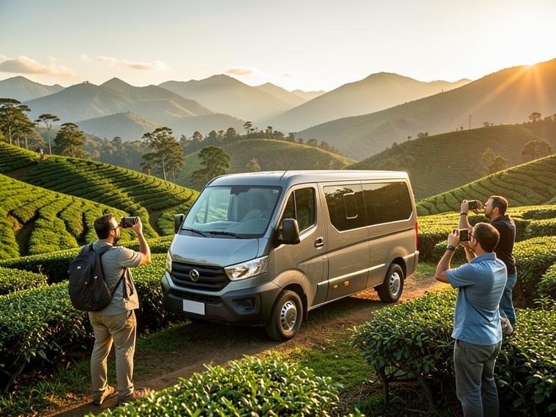 Travellers photographing highland scenery beside their tour van