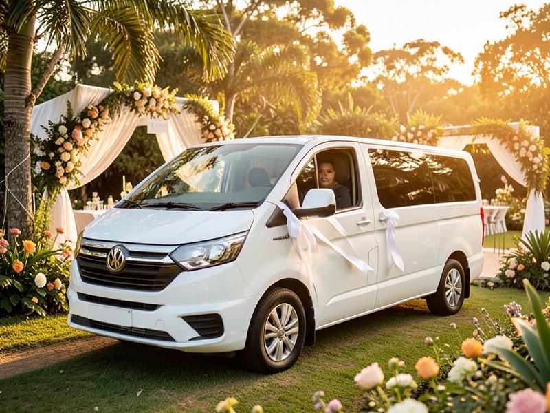 A white van with ribbons at a garden wedding venue
